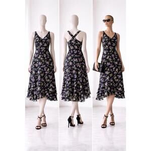 Vintage Y2K CDC Women’s Floral Dress 10 Purple Black Sleeveless Fit Flare VTG